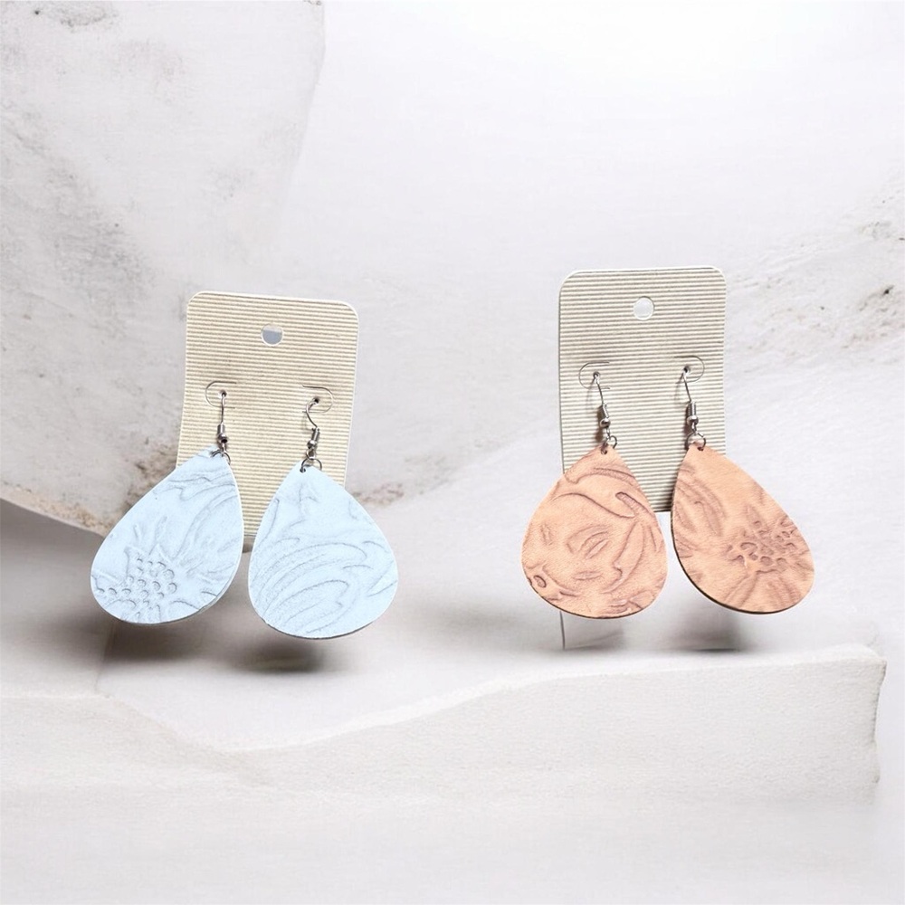 Handcrafted Teardrop Floral Earrings - Gray Grey Tan set of 2 pair Embossed